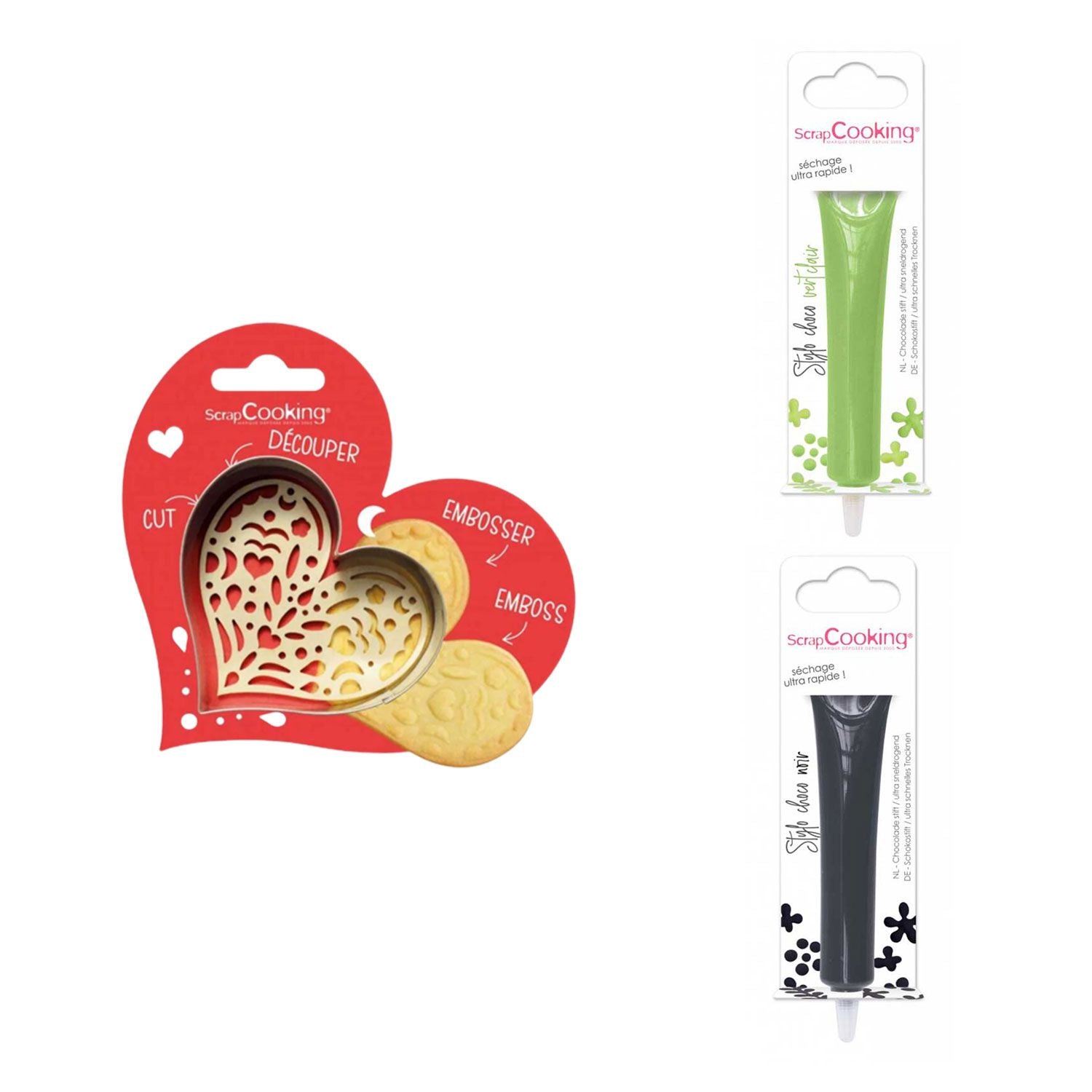 Kit pour biscuit en relief Coeur + 2 Stylos au chocolat vert clair et noir Scrapcooking - Mathon