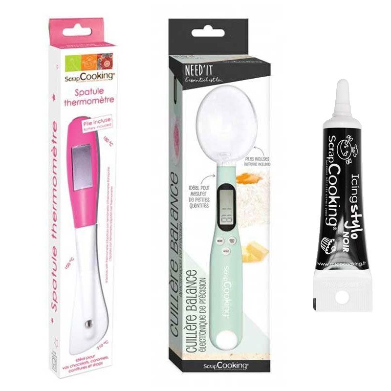 Spatule thermomètre & cuillère balance + Stylo glaçage noir Scrapcooking - Mathon