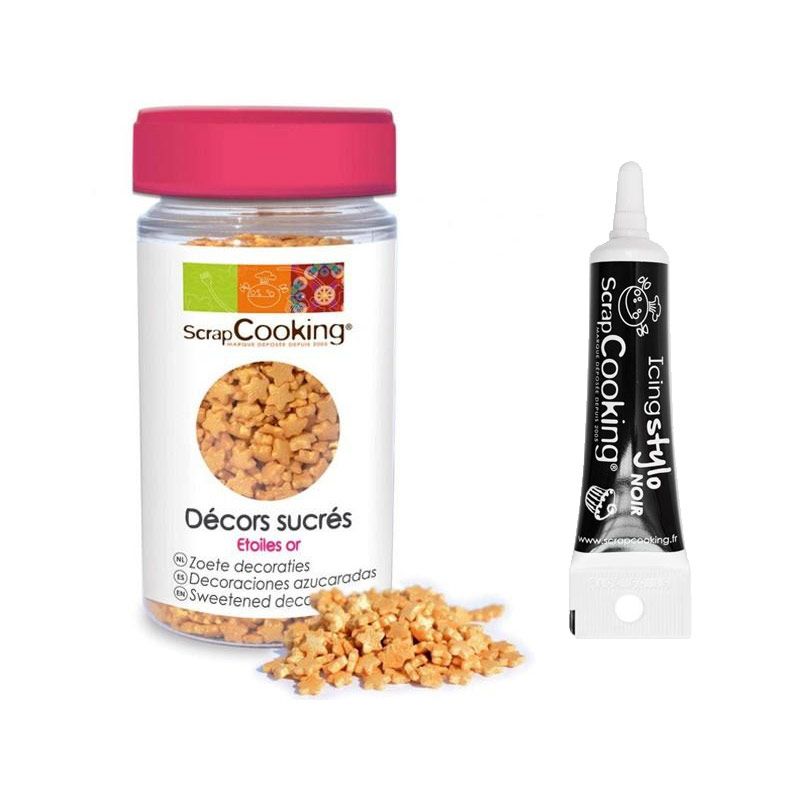 Décors sucrés étoiles dorées + Stylo de glaçage noir Scrapcooking - Mathon