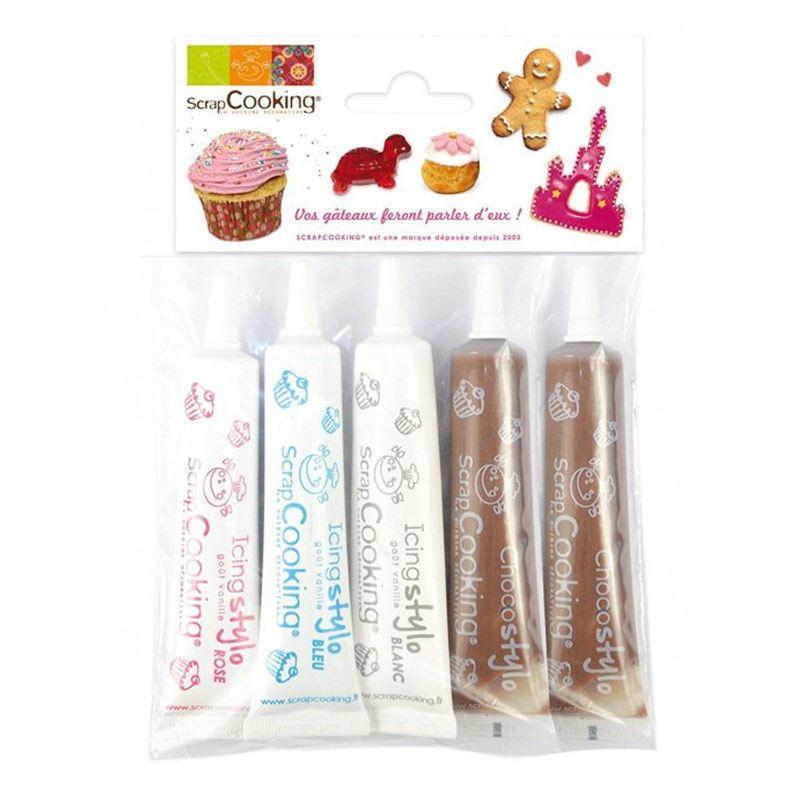 Stylos de glaçage blanc, rose, bleu + 2 stylos chocolat Scrapcooking - Mathon