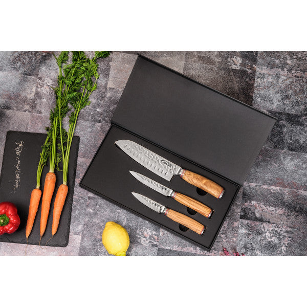 3 couteaux Wusaki Damas 10Cr en coffret élégant (santoku alvéolé, uni Wusaki - Mathon - 4