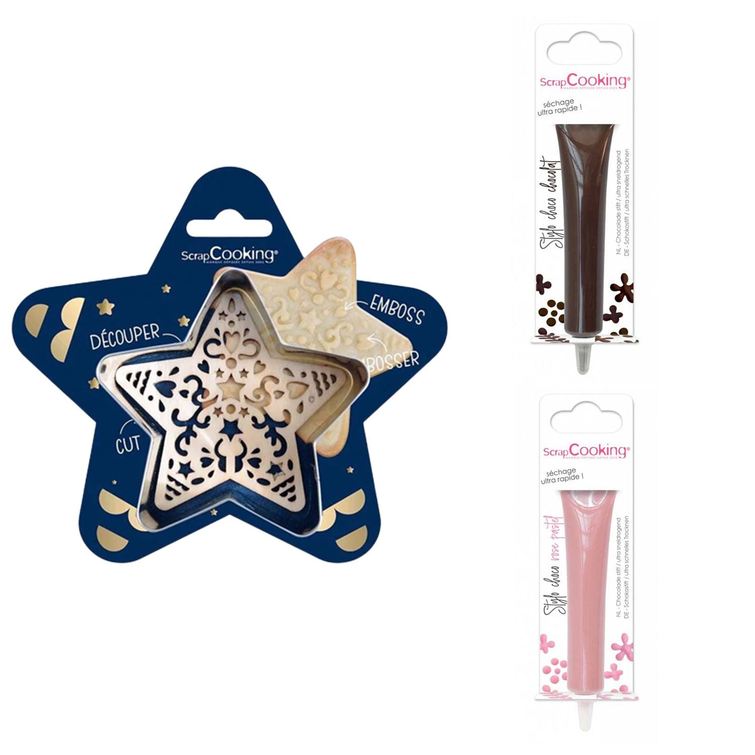 Kit pour biscuit en relief Étoile + 2 Stylos au chocolat marron et rose pastel Scrapcooking - Mathon