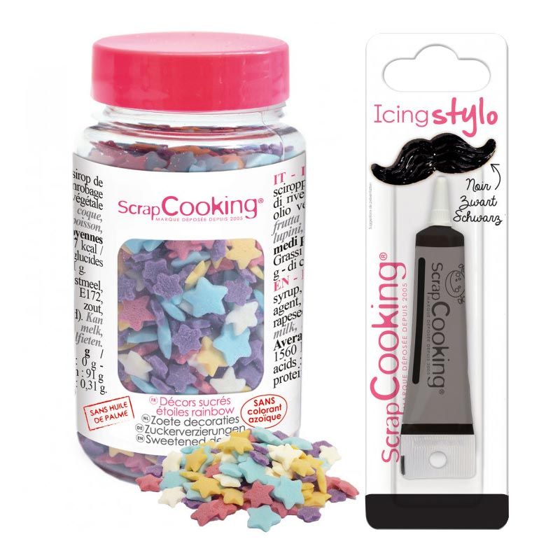 Décors sucrés étoiles arc-en-ciel 55 g + Stylo de glaçage noir Scrapcooking - Mathon