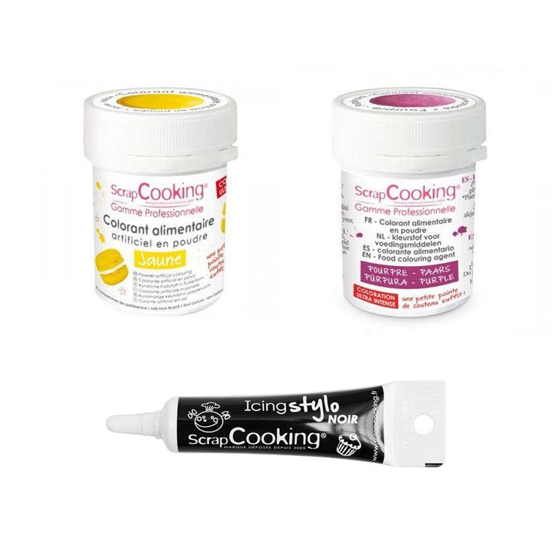 2 colorants alimentaires jaune-pourpre + Stylo glaçage noir Scrapcooking - Mathon