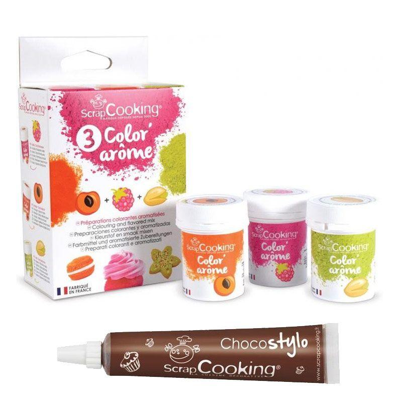 3 Colorants-arômes alimentaires framboise-abricot-pistache + 1 Stylo chocolat Scrapcooking - Mathon