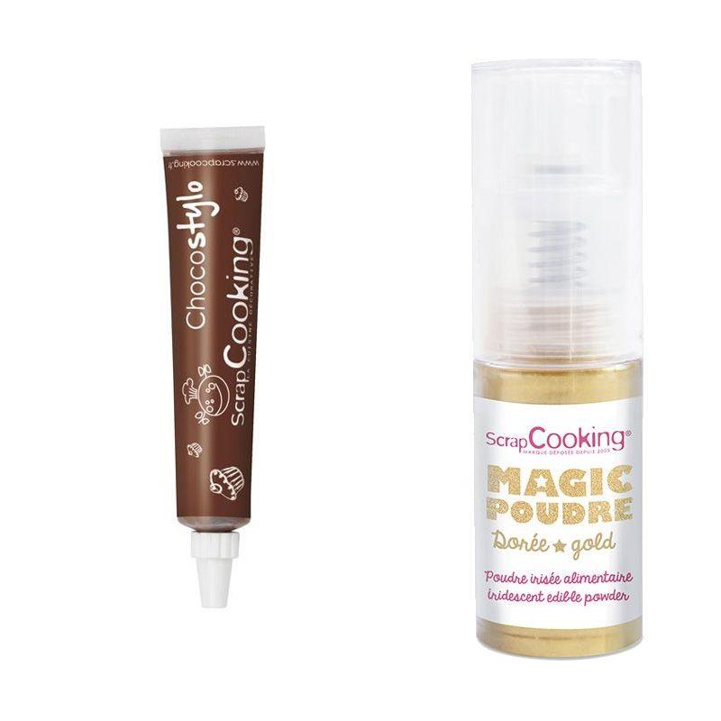 Stylo chocolat + Poudre alimentaire irisée dorée Scrapcooking - Mathon