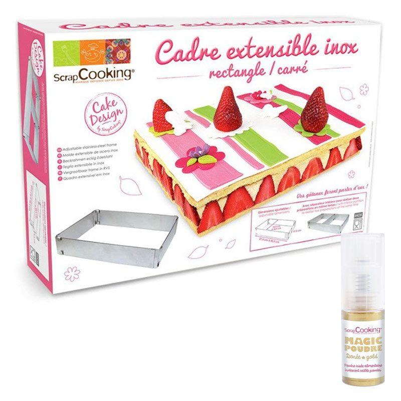 Cadre à pâtisserie extensible rectangle + 1 poudre alimentaire irisée dorée Scrapcooking - Mathon