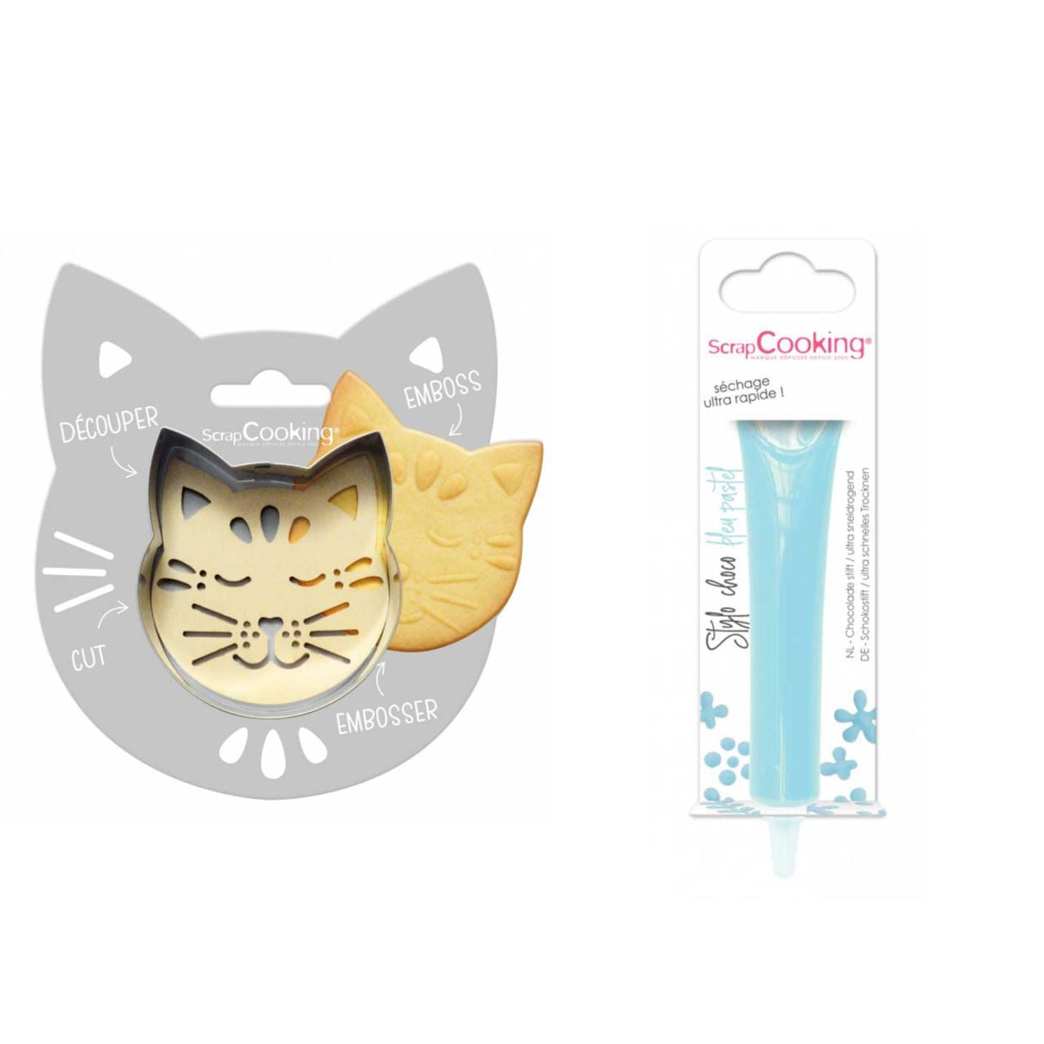 Kit pour biscuit en relief Chat + Stylo au chocolat bleu pastel Scrapcooking - Mathon
