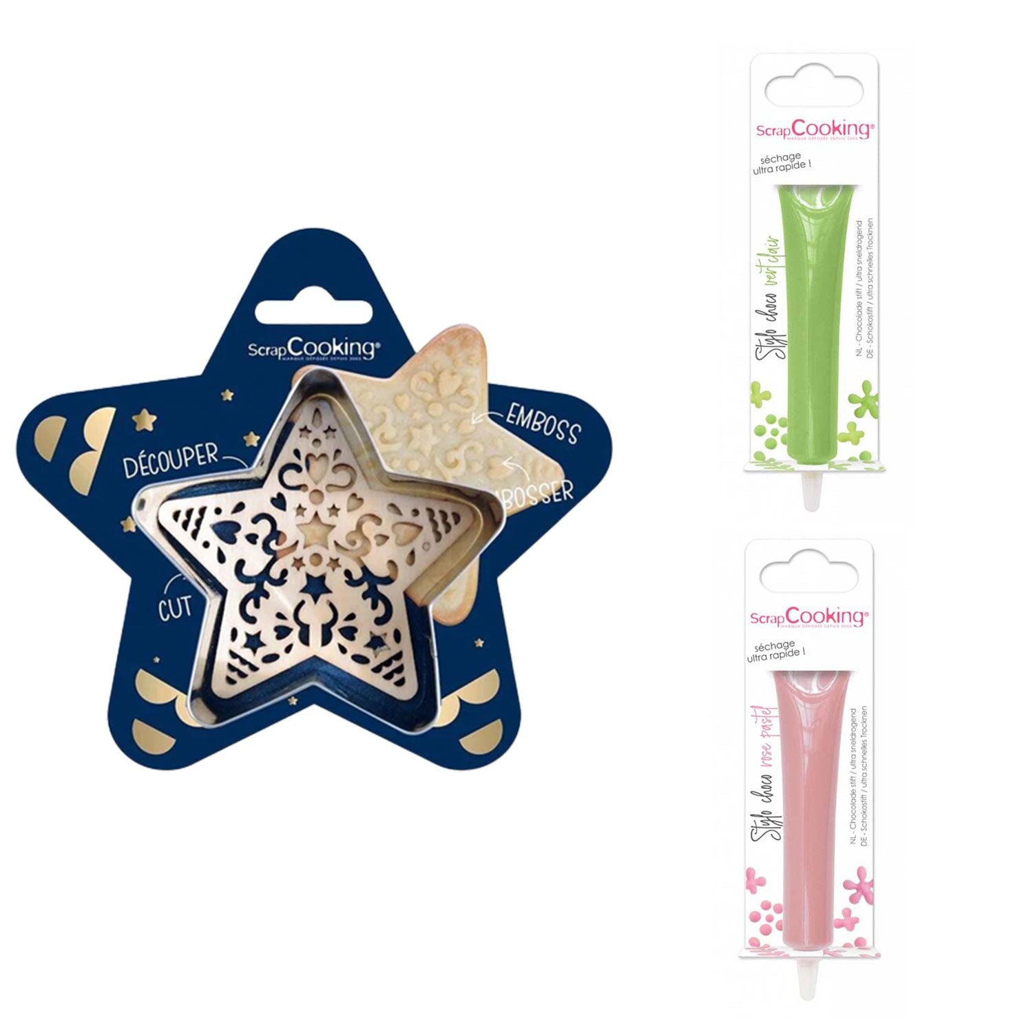 Kit pour biscuit en relief Étoile + 2 Stylos au chocolat vert clair et rose pastel Scrapcooking - Mathon