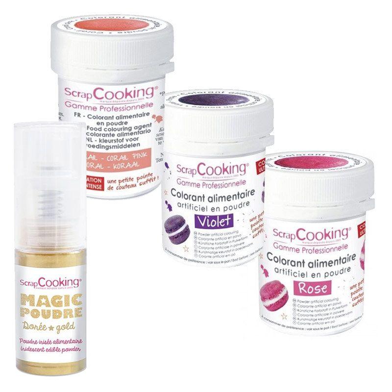 Kit de colorants alimentaires Rose-violet-corail + 1 poudre irisée dorée Scrapcooking - Mathon