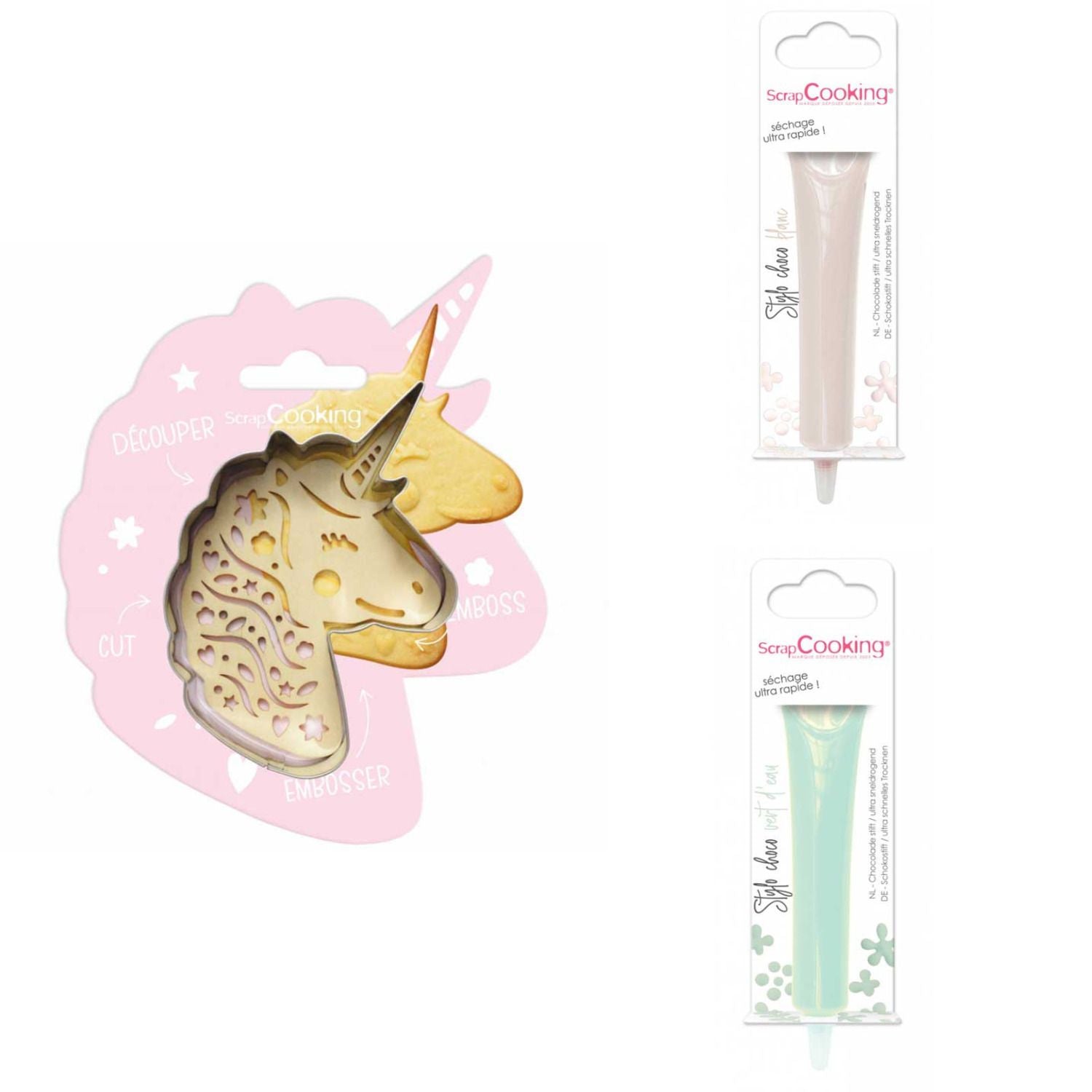 Kit pour biscuit en relief Licorne + 2 Stylos au chocolat blanc et vert d