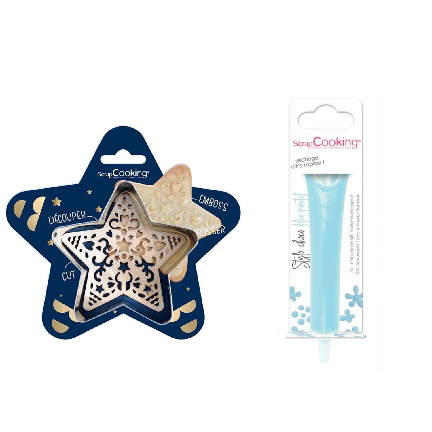 Kit pour biscuit en relief Étoile + Stylo au chocolat bleu pastel Scrapcooking - Mathon
