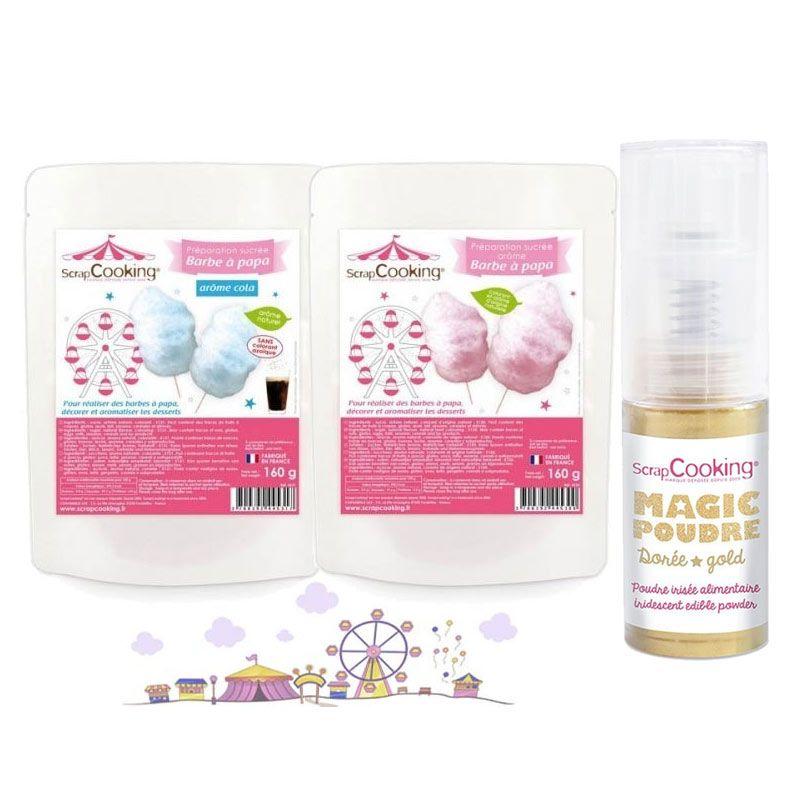 Préparation Barbe à papa rose & bleu + 1 poudre alimentaire irisée dorée Scrapcooking - Mathon