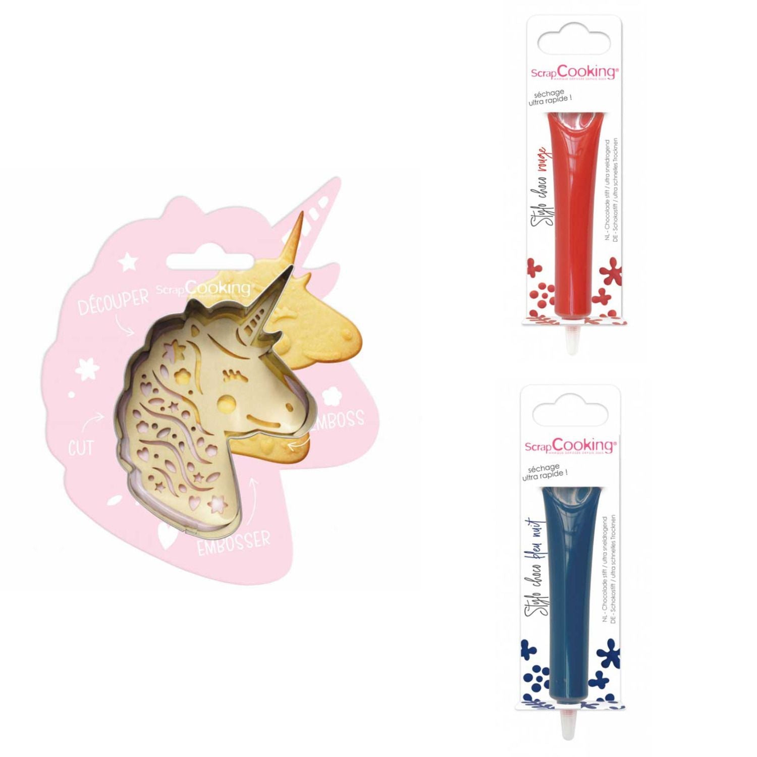 Kit pour biscuit en relief Licorne + 2 Stylos au chocolat rouge et bleu nuit Scrapcooking - Mathon