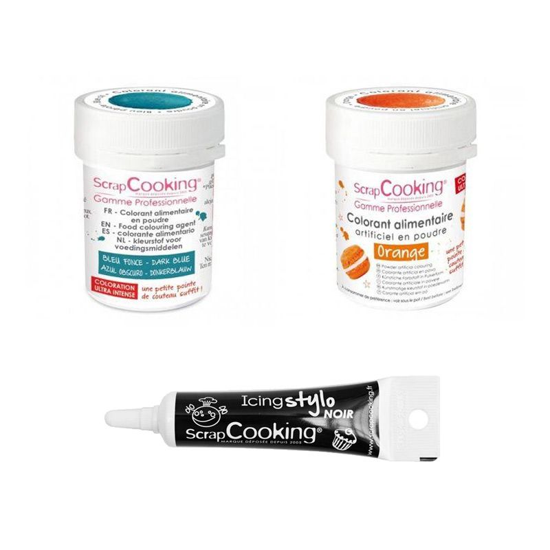 2 colorants alimentaires bleu foncé-orange + Stylo glaçage noir Scrapcooking - Mathon