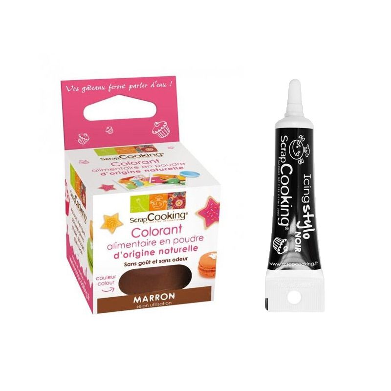 Colorant alimentaire naturel en poudre Marron + Stylo glaçage noir Scrapcooking - Mathon
