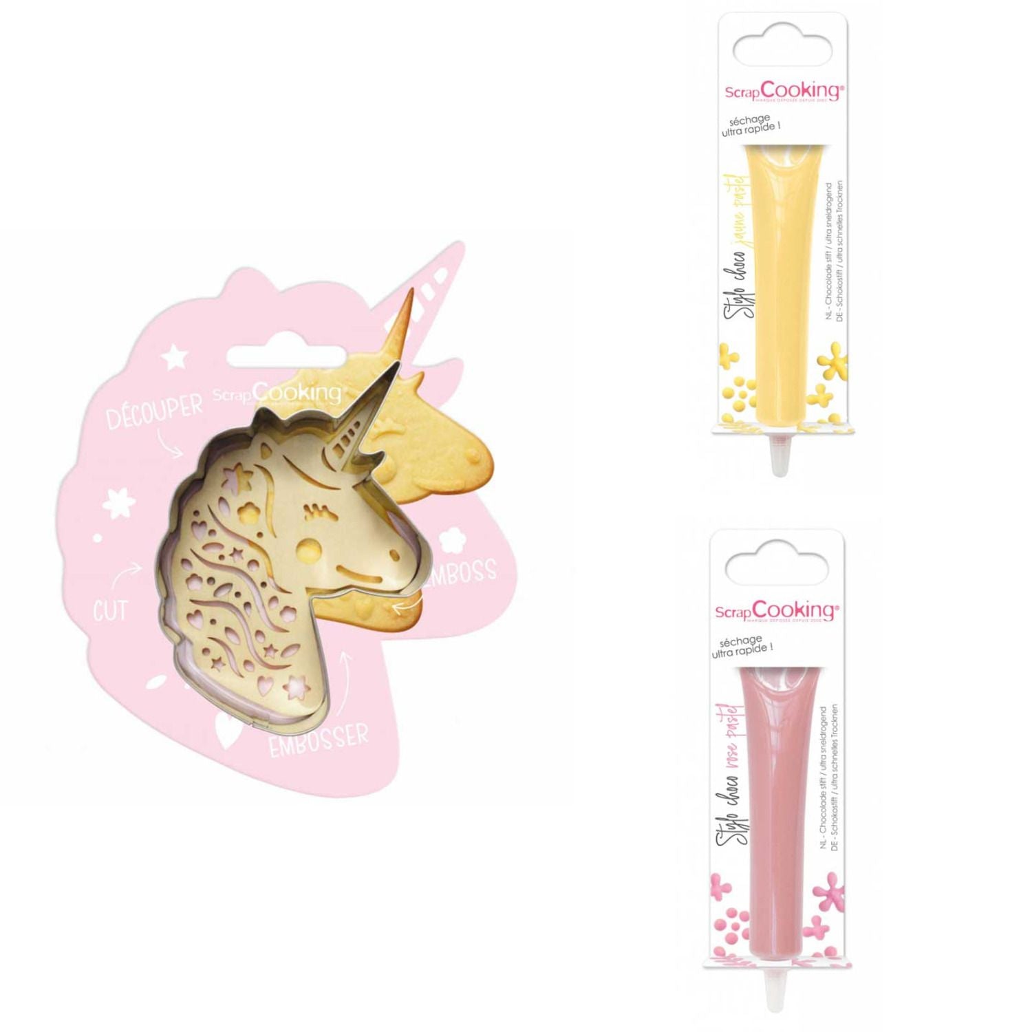 Kit pour biscuit en relief Licorne + 2 Stylos au chocolat jaune pastel et rose pastel Scrapcooking - Mathon