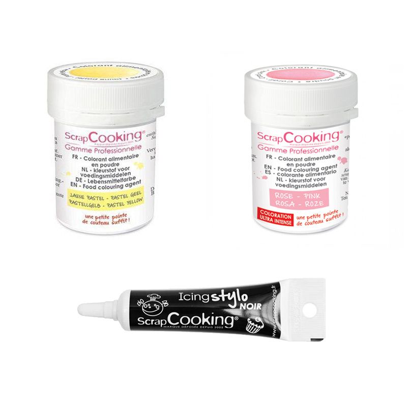 2 colorants alimentaires rose-jaune pastel + Stylo glaçage noir Scrapcooking - Mathon