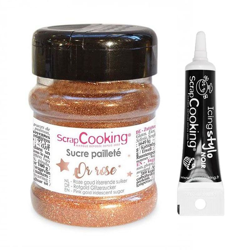 Sucre pailleté or rose 160 g + Stylo de glaçage noir Scrapcooking - Mathon