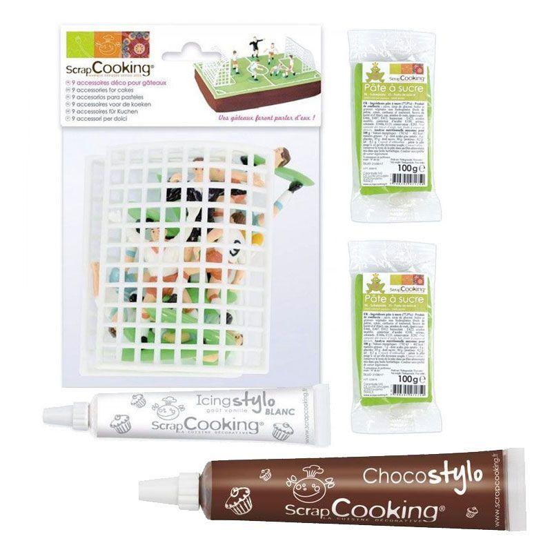 Coffret décor et pâte à sucre pour gâteau Terrain de football + 1 Stylo chocolat Scrapcooking - Mathon