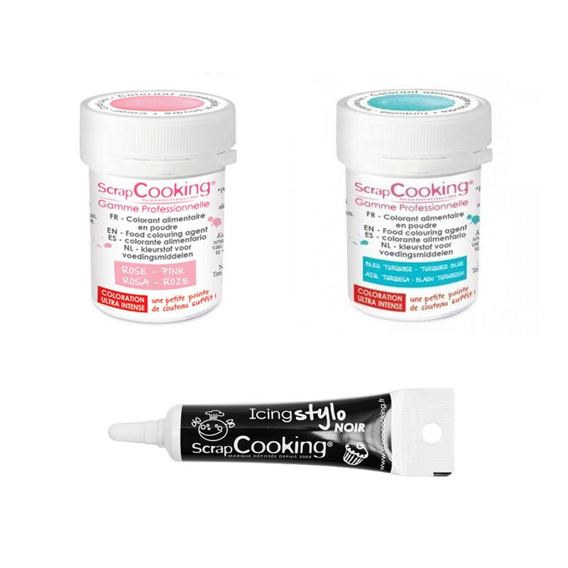 2 colorants alimentaires turquoise-rose poudré + Stylo glaçage noir Scrapcooking - Mathon