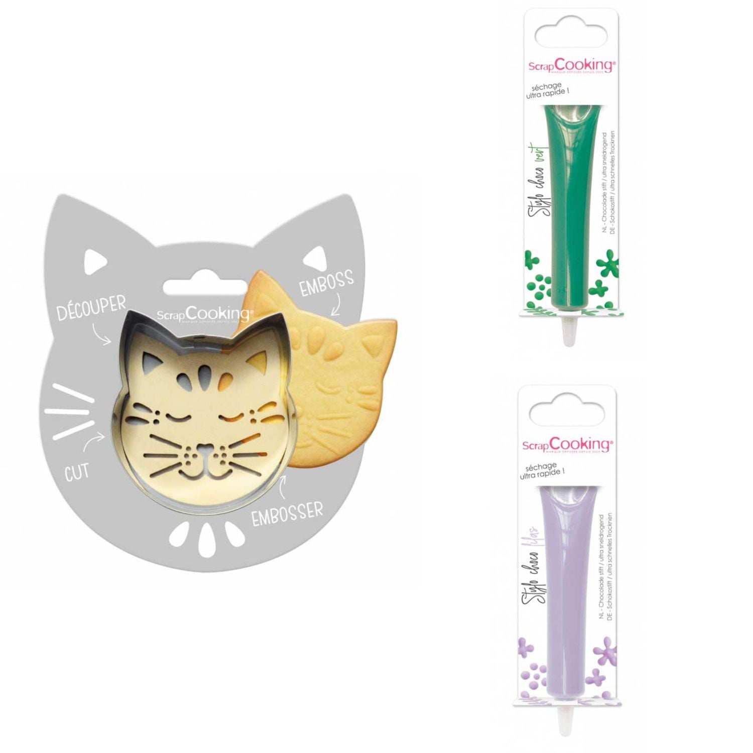 Kit pour biscuit en relief Chat + 2 Stylos au chocolat vert et lilas Scrapcooking - Mathon