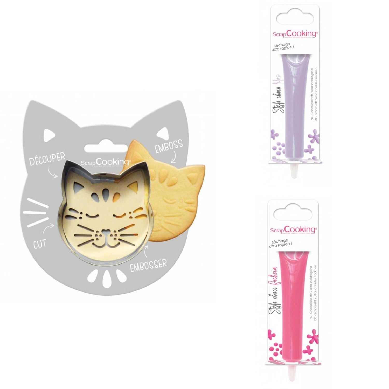 Kit pour biscuit en relief Chat + 2 Stylos au chocolat lilas et fuchsia Scrapcooking - Mathon