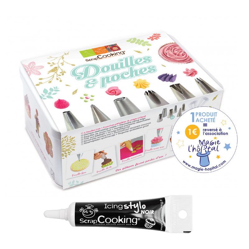 Coffret 6 douilles pâtissières inox & poches jetables + Stylo glaçage noir Scrapcooking - Mathon