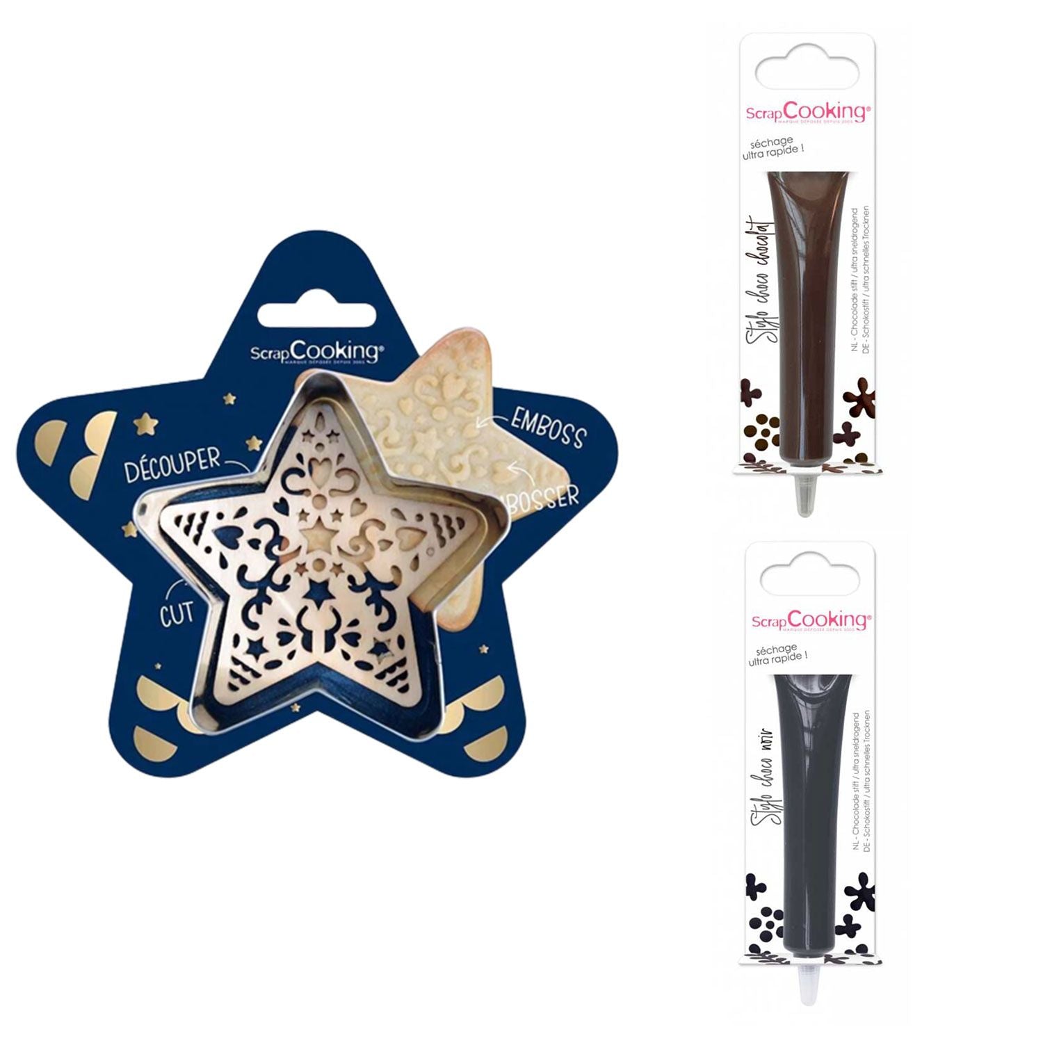 Kit pour biscuit en relief Étoile + 2 Stylos au chocolat marron et noir Scrapcooking - Mathon