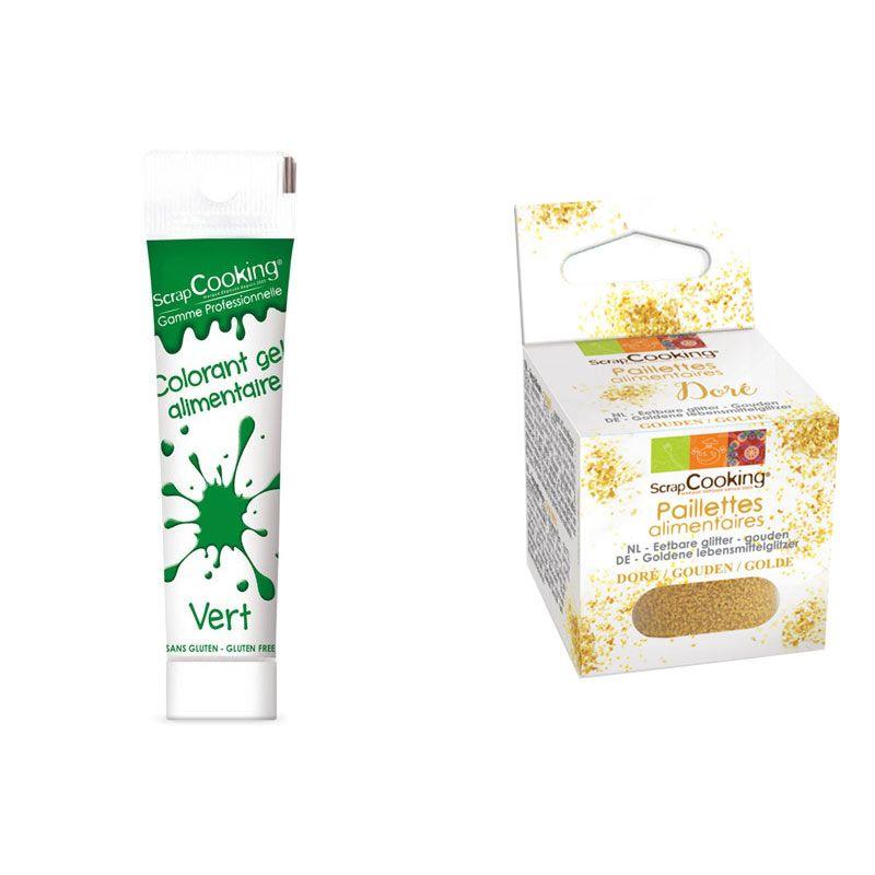 Gel colorant alimentaire vert + paillettes dorées Scrapcooking - Mathon