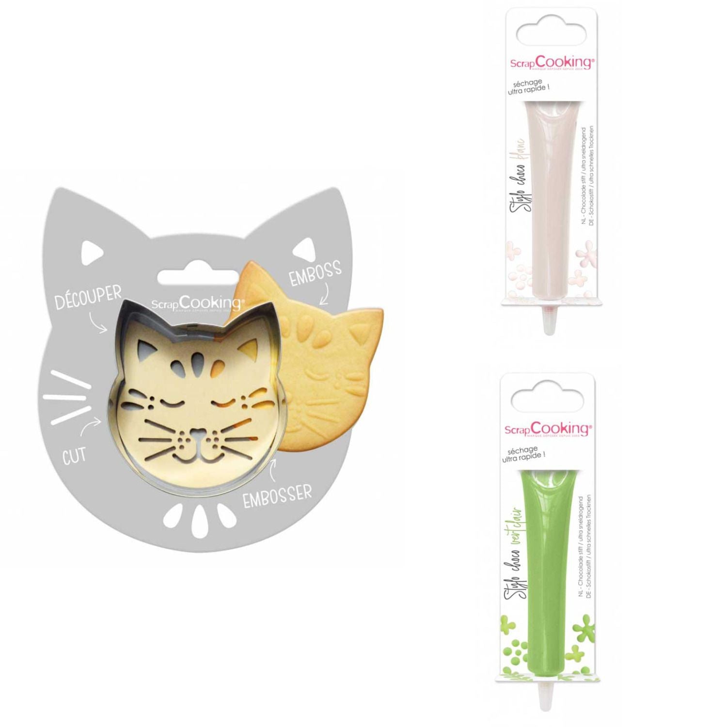 Kit pour biscuit en relief Chat + 2 Stylos au chocolat blanc et vert Scrapcooking - Mathon