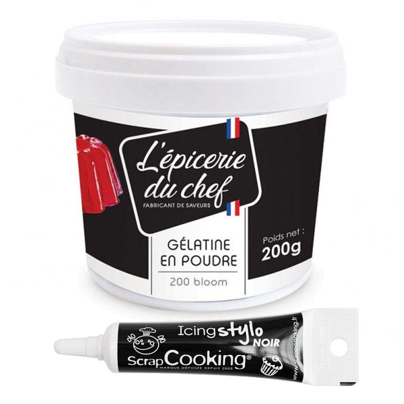 Gélatine en poudre 200 g + Stylo de glaçage noir Scrapcooking - Mathon