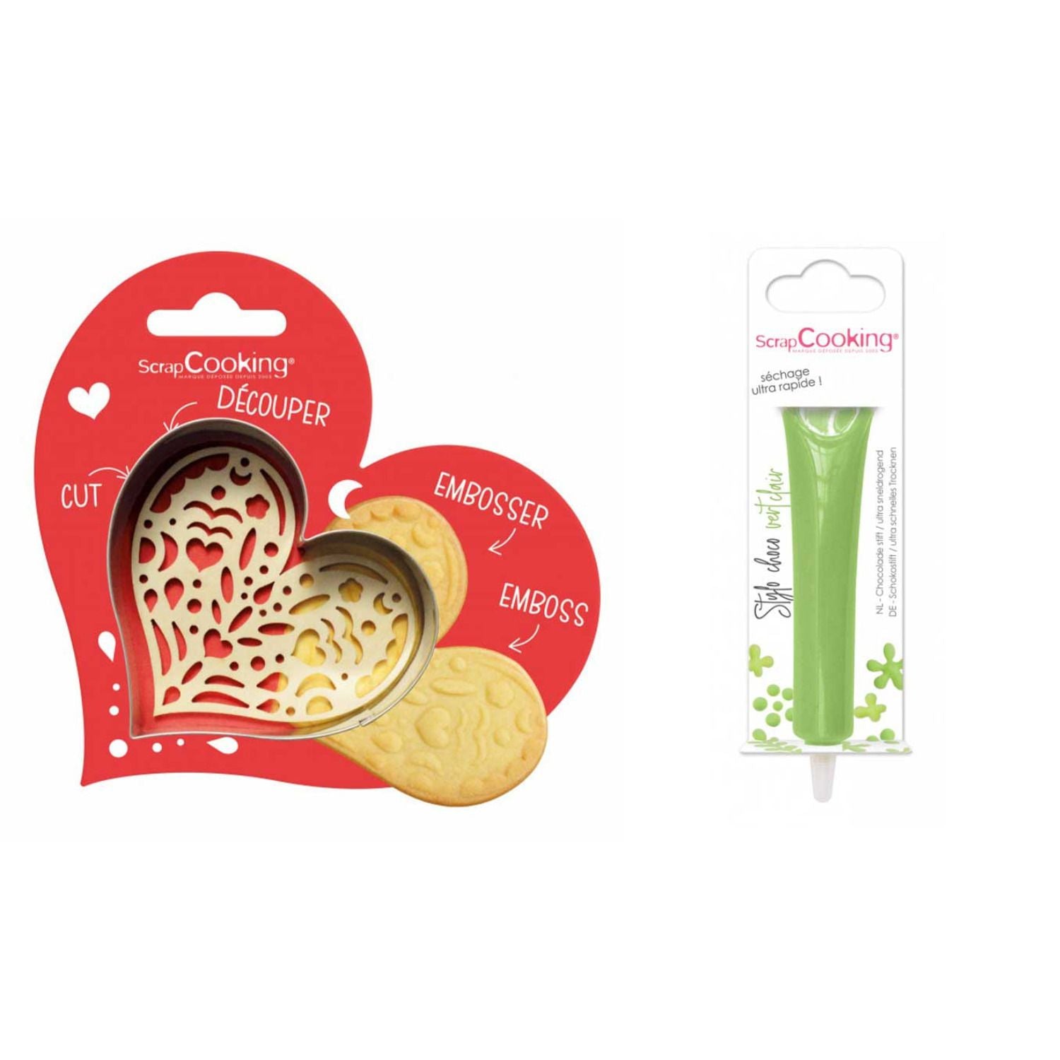 Kit pour biscuit en relief Coeur + Stylo au chocolat vert clair Scrapcooking - Mathon