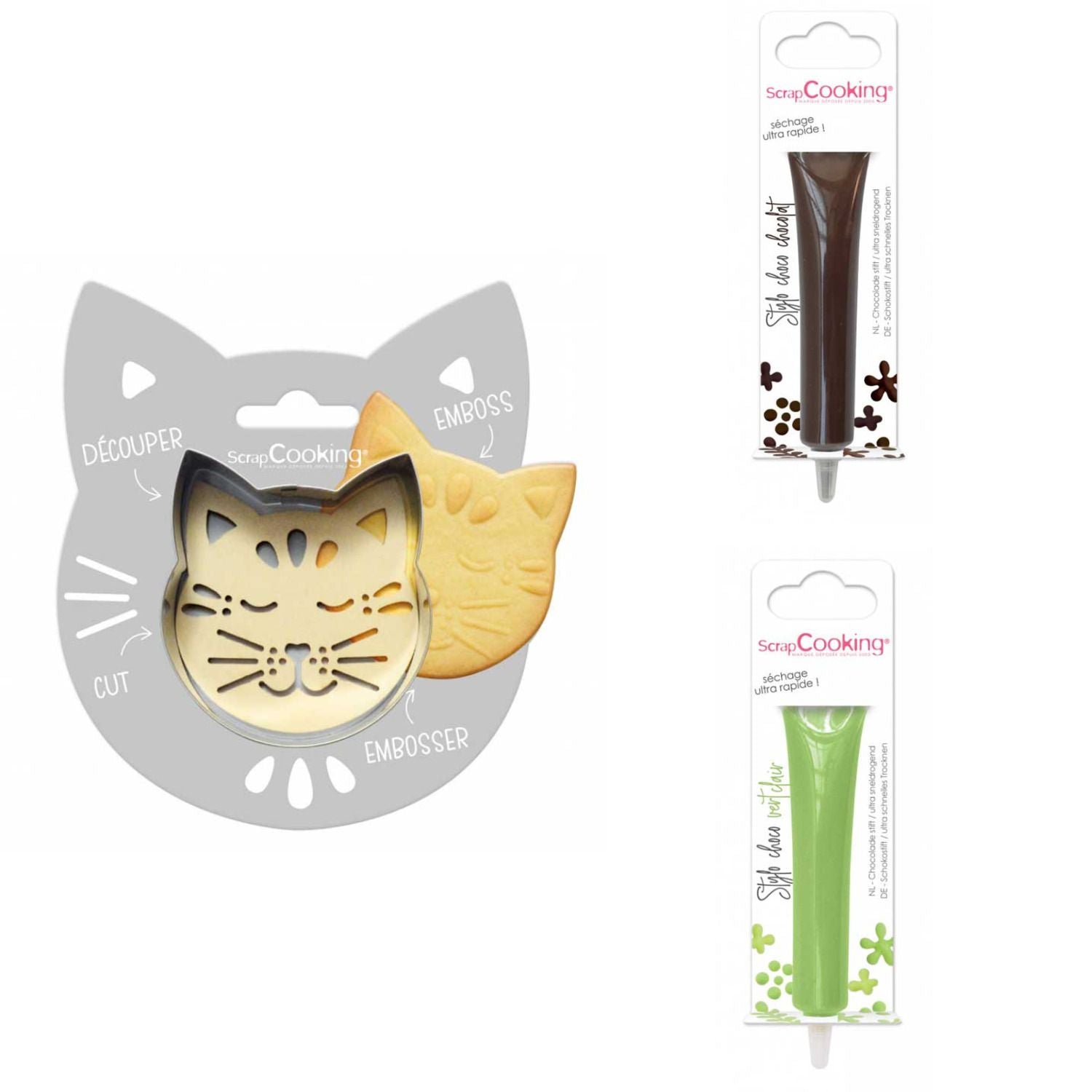 Kit pour biscuit en relief Chat + 2 Stylos au chocolat marron et vert clair Scrapcooking - Mathon