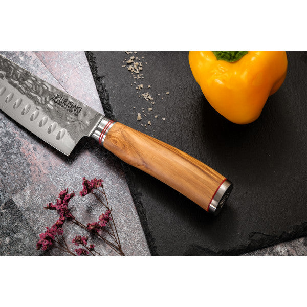 3 couteaux Wusaki Damas 10Cr en coffret élégant (santoku alvéolé, uni Wusaki - Mathon - 6