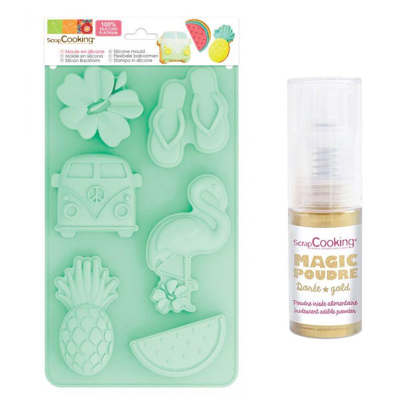 Moule en silicone Summer + 1 poudre alimentaire irisée dorée Scrapcooking - Mathon