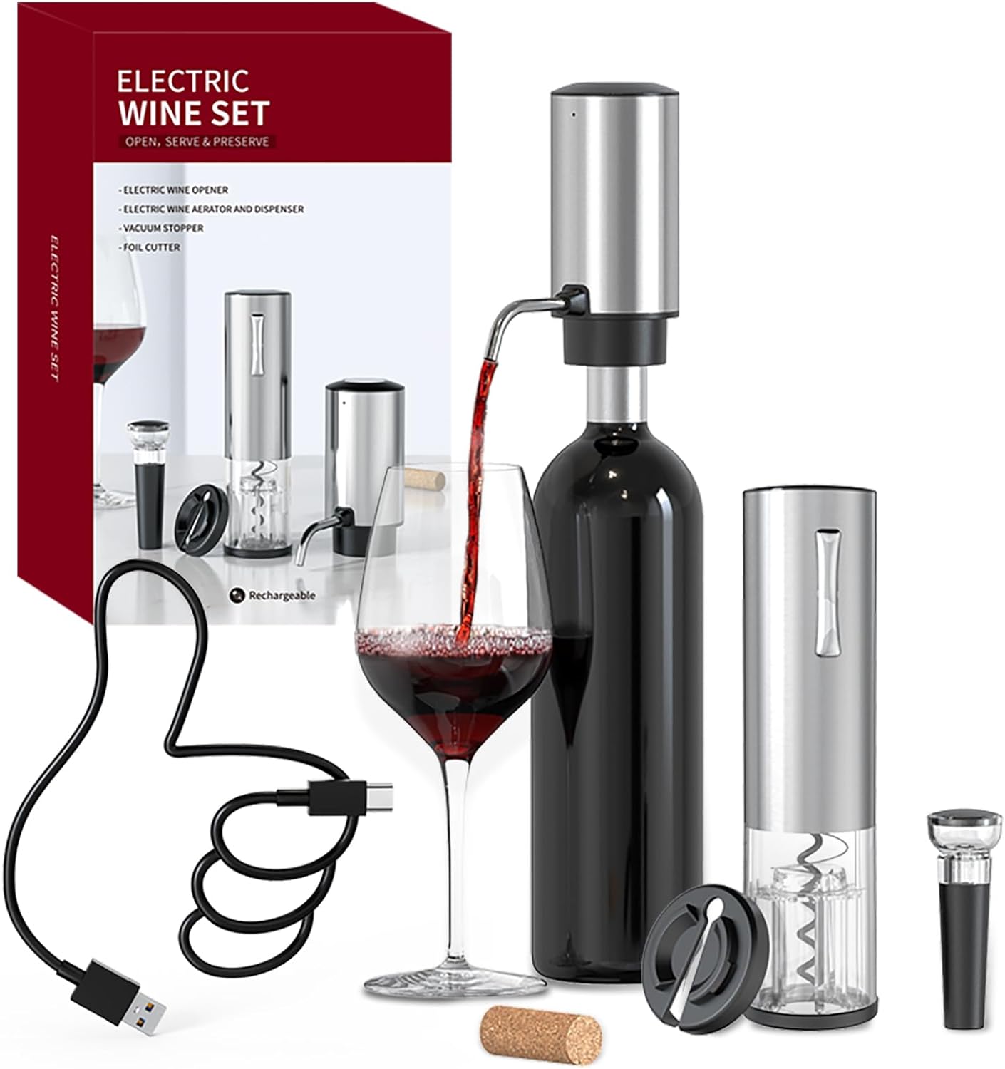Ensemble de Tire Bouchon Électrique 4-en-1 avec Ouvre Bouteille Rechargeable argent Vendos85 - Mathon