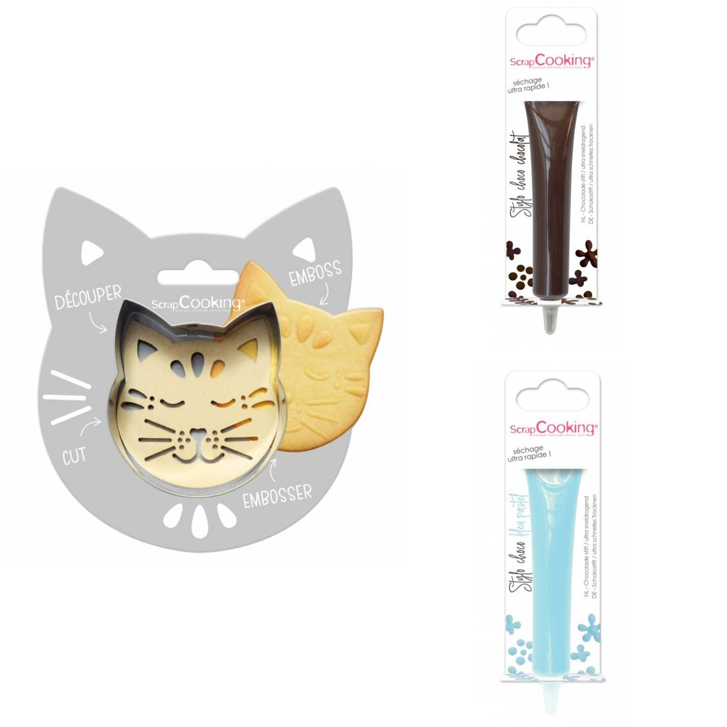 Kit pour biscuit en relief Chat + 2 Stylos au chocolat marron et bleu pastel Scrapcooking - Mathon