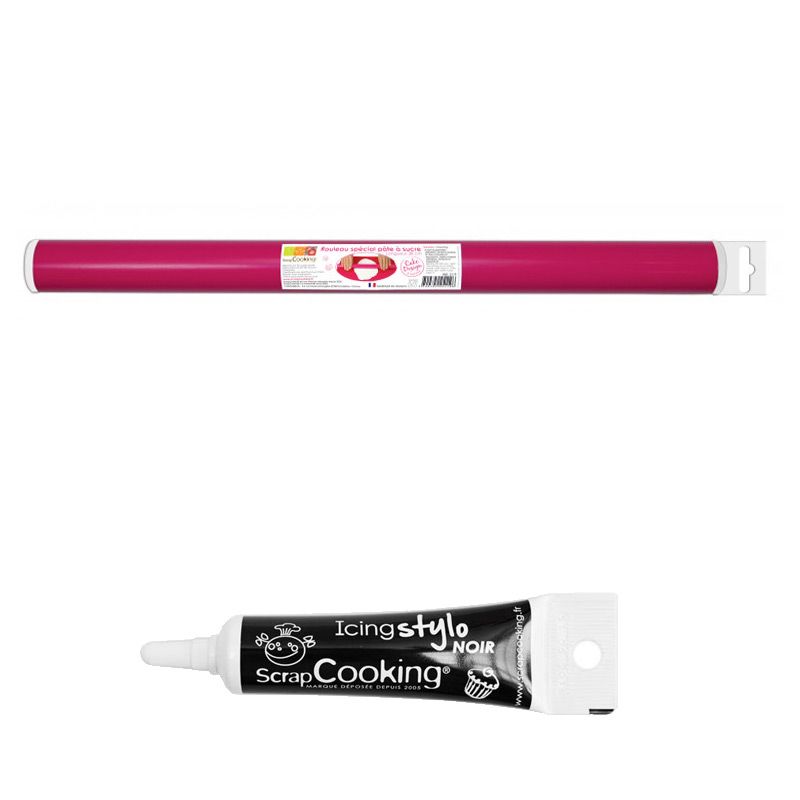Rouleau de lissage pâte à sucre 38 cm + Stylo de glaçage noir Scrapcooking - Mathon