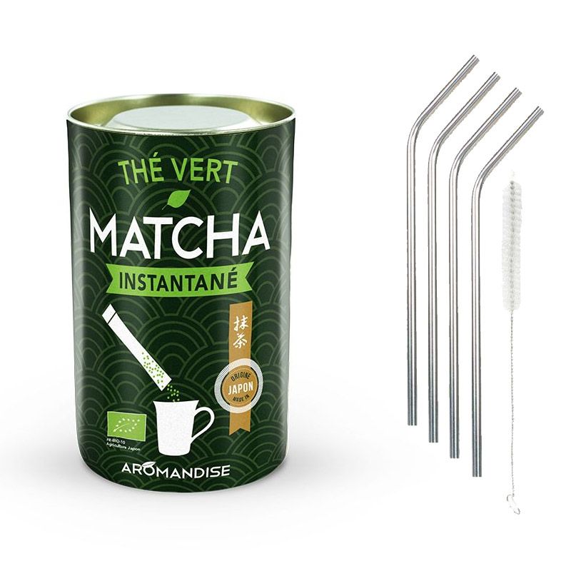 Thé vert Matcha instantané en sticks + 4 pailles en inox Youdoit - Mathon