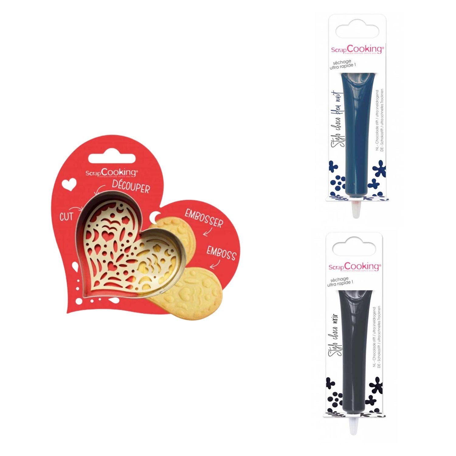 Kit pour biscuit en relief Coeur + 2 Stylos au chocolat bleu nuit et noir Scrapcooking - Mathon