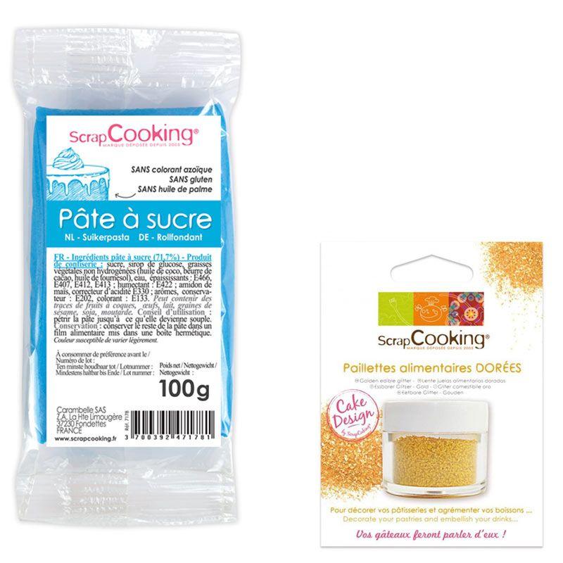 Pâte à sucre bleue 100 g + paillettes dorées Scrapcooking - Mathon