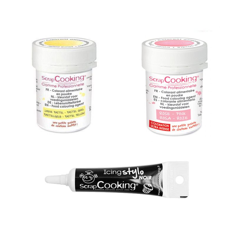 2 colorants alimentaires rose poudré-jaune pastel + Stylo glaçage noir Scrapcooking - Mathon