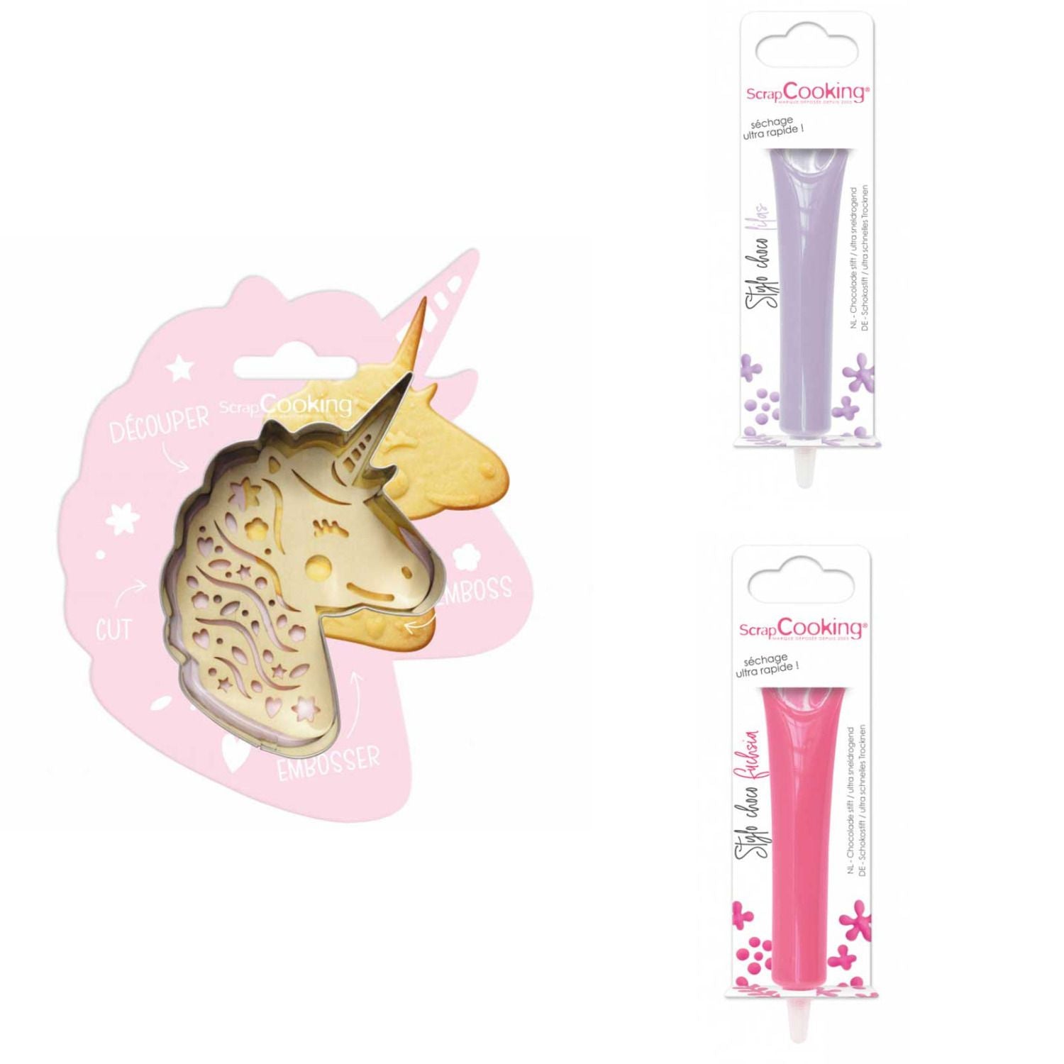 Kit pour biscuit en relief Licorne + 2 Stylos au chocolat lilas et fuchsia Scrapcooking - Mathon