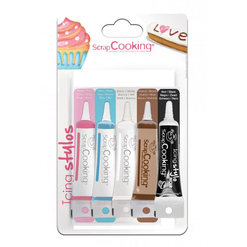 5 stylos de glaçage blanc, rose, bleu, chocolat, noir Scrapcooking - Mathon