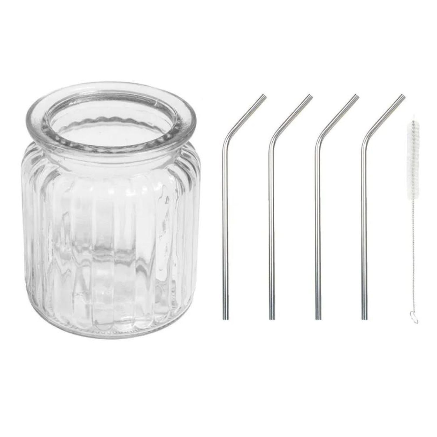 Récipient en verre avec rainures 270 ml + 4 pailles en inox Youdoit - Mathon