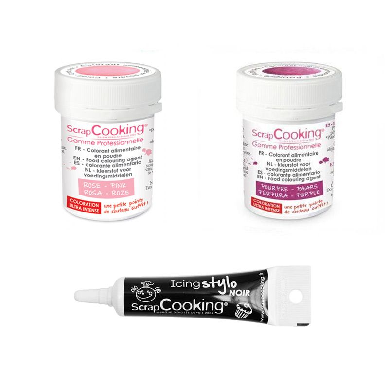 2 colorants alimentaires pourpre-rose poudré + Stylo glaçage noir Scrapcooking - Mathon
