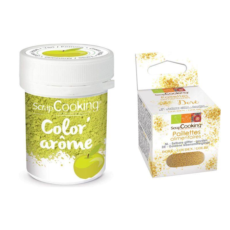 Colorant alimentaire vert arôme pomme + paillettes dorées Scrapcooking - Mathon
