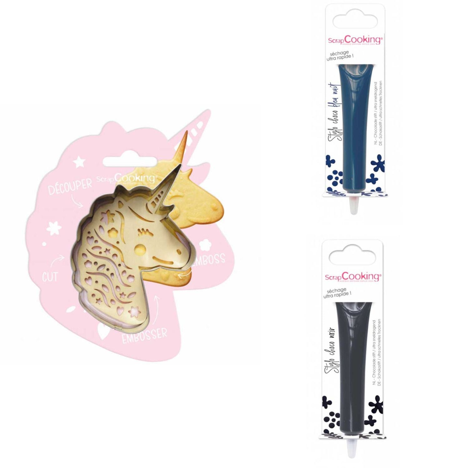 Kit pour biscuit en relief Licorne + 2 Stylos au chocolat bleu nuit et noir Scrapcooking - Mathon