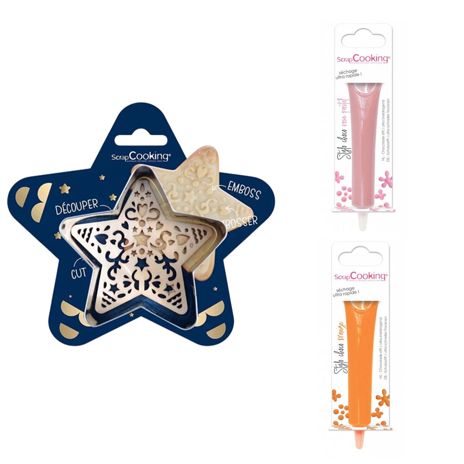 Kit pour biscuit en relief Étoile + 2 Stylos au chocolat rose pastel et orange Scrapcooking - Mathon